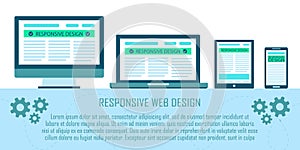 Responsive web site design flat concept in electronic devices: computer, laptop, tablet, mobile phone.