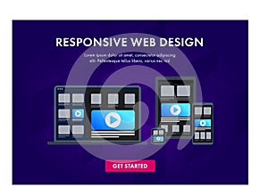 Responsive website design on electronic devices - laptop, tablet pc, smartphone and smart watch. Web design flat vector element