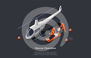 Resque Equipment And Helicopter Flight Resque System Concept. The Rescuers Came With Helicopter Use A Special Equipment