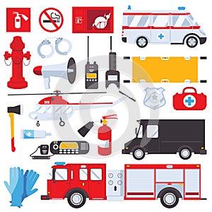 Resque services concept for ambulance, swat, first aid and fire engine isolated on white background. Set with emergency services o photo