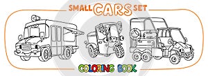 Funny small cars with eyes. Coloring book set photo