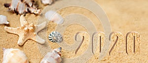 Rest 2020. Vacation memories from beach, seashell and starfish. Summer beach background travel concept. Banner.Copy space for text