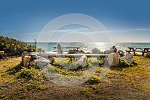 Rest area with picnic tables on the coast of Big Sur, California