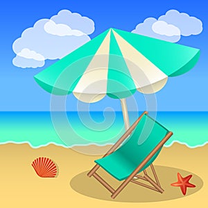 Rest on the beach, beach umbrella, sun lounger, sand and sea for