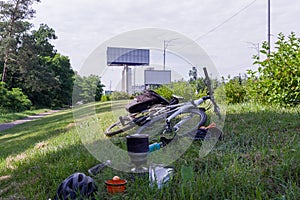 Rest during cycling. Lunch in nature. Cyclist's snack. Cycling around the city.