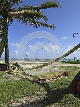 Hammock Rest in hammock. Kitesurf in Caribbean sea.