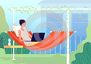 Rest in hammock. Summer balcony, gardening relax on backyard. Modern woman relaxing in garden with laptop, work in