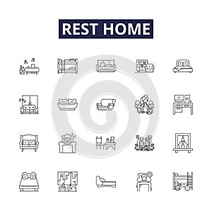 Rest home line vector icons and signs. Home, Care, Elderly, Sanctuary, Respite, Assisted, Living, Residence outline