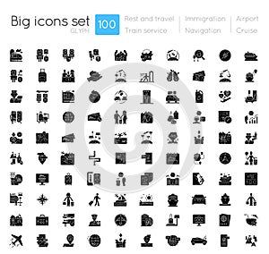 Rest and travel black glyph icons set on white space