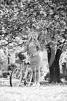 Rest and travel. United with nature. Athletic woman ride retro bicycle. Travel by bike. Weekend concept. Spring holidays