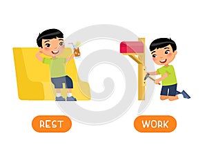REST and WORK antonyms word card, opposites concept. Flashcard for English language learning.