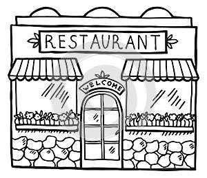 Restaraunt doodle. Architecture sketch. Urban building facade