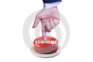 Restart global economy concept with businessman hand pushing red button