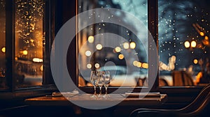 Restaurant ambient with blurred background view outside windows.