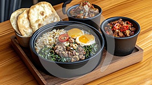 Restaurant, Asian dish, fried rice, eggs, beef, wood table, side dishes, food photography photo