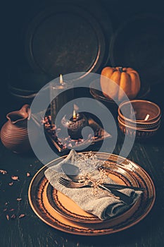 Restaurant autumn table setting. Thanksgiving holiday Place setting autumn decoration