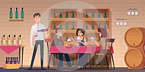 Restaurant background. Wine experts holding alcohol glasses in kitchen exact vector illustration in cartoon style