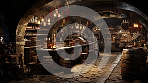 Restaurant or bar in old wine cellar with wooden barrels, vintage casks in dark storage of winery. Concept of vineyard,