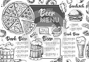 Restaurant beer menu design. Decorative sketch of beer and seafood snack. Fast food menu