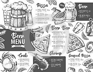 Restaurant beer menu design. Decorative sketch of beer and seafood snack. Fast food menu