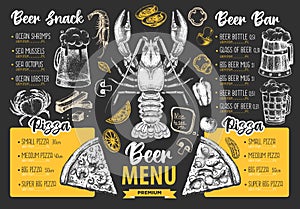 Restaurant beer menu design. Decorative sketch of beer and seafood snack. Fast food menu