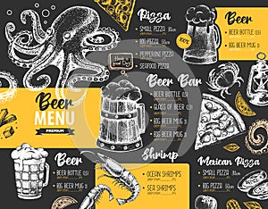 Restaurant beer menu design. Decorative sketch of beer and seafood snack. Fast food menu