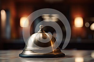 Restaurant bell on a table in a restaurant, shallow depth of field, A closeup of a hotel service bell is placed on the reception