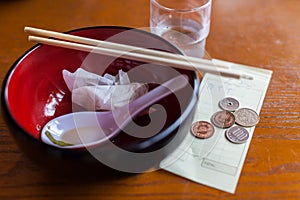 Restaurant bill with coins photo