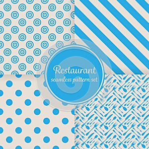 Restaurant or bistro theme. Blue stripes, dots, cutlery and other shapes. Seamless vector pattern background set