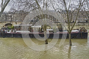 A restaurant boat put out of business by the River Seine floods of January 2018