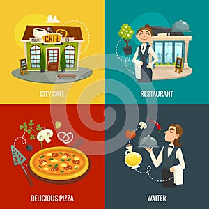 Restaurant or cafe concepts with waiter, pizza and vegetables, cartoon vector illustration