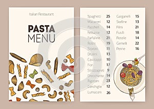 Restaurant or cafe dining menu template with plate of cooked delicious spaghetti, different types of uncooked pasta and