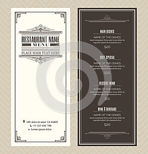 Restaurant or cafe menu design template with vintage retro art deco frame