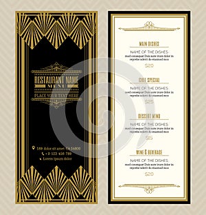 Restaurant or cafe menu design template with vintage retro art deco frame