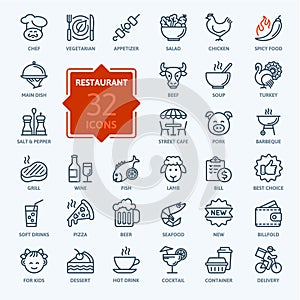 Restaurant cafe menu, food and drink - thin line web icon set.