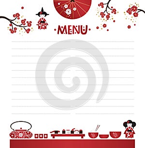 Restaurant cafe menu, template design in cartoon style. Asian cuisine