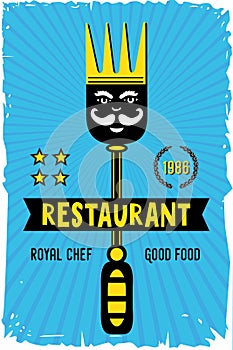 Restaurant and cafe poster with fork and crown. Vintage vector background for food service. Menu cover template.