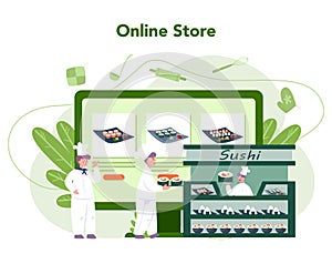 Restaurant chef cooking rolls and sushi online service or platform.