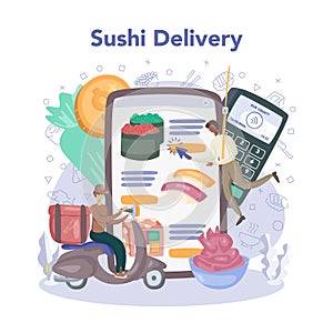Restaurant chef cooking rolls and sushi online service or platform