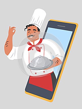 Restaurant chef with dish from smartphone, flat vector illustration. Online food order and fast home delivery service.