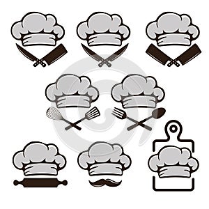 Restaurant chef hat logo icon set. chopping board, spoon, spatula, knife, cleaver, rolling utensil kitchen