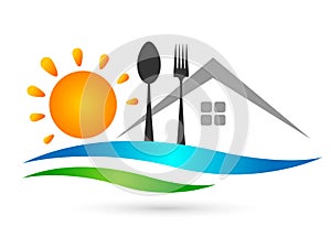 Restaurant chef hat plate fork spoon cook delicious Food service catering design menu restaurant hotel icon logo illustration