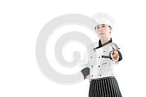 The restaurant chef make a gesture pointing camera