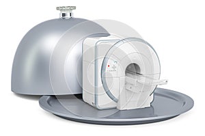 Restaurant cloche with CT or MRI Magnetic Resonance Imaging Scanner, 3D rendering