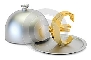 Restaurant cloche with gold euro symbol, 3D rendering