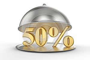 Restaurant cloche with golden 50 percent off Sign