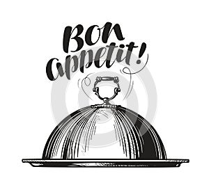 Restaurant cloche for hot dishes. Tray sketch. Lettering for menu design diner, eatery or cafe. Vector illustration