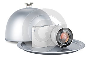 Restaurant cloche with mirrorless digital camera, 3D rendering