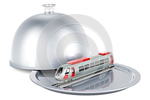 Restaurant cloche with modern high speed train, 3D rendering