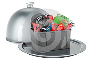 Restaurant cloche with plastic box full of car tools, equipment and accessories. 3D rendering